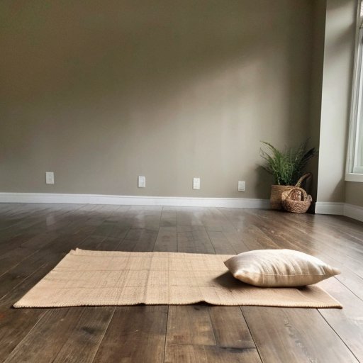 Уютное йога-пространство с мягким ковриком, растением, свечой и светом из окна.