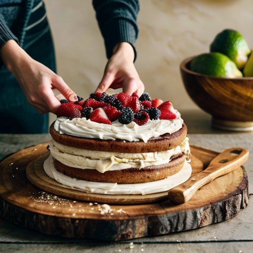 Здоровый торт с ягодами и медом на деревянном столе, окруженный ингредиентами и кухонными принадлежностями.