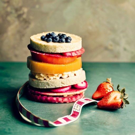 Сбалансированные весы: здоровая еда и измерительная лента на фоне спокойного градиента.