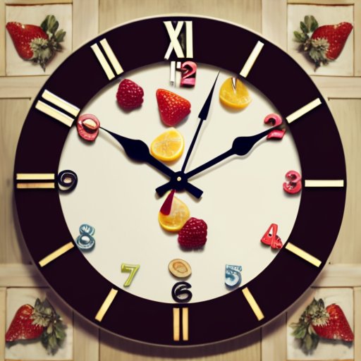 Часы показывают 18:00, окруженные здоровыми закусками в уютной кухне.