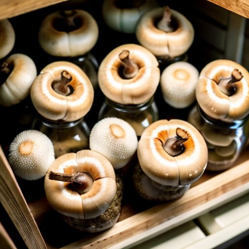 Аккуратно организованные банки с маринованными грибами на деревянной полке в прохладной кладовой.