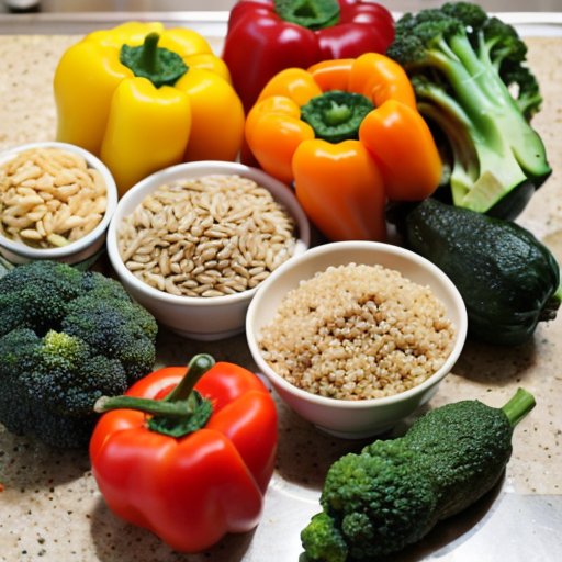 Чистая кухня с полезными продуктами для диеты: куриная грудка, овощи, цельные злаки, авокадо и вода.