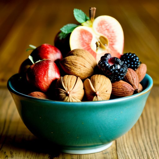 Яркая деревянная чаша с орехами и фруктами на rustic столе.