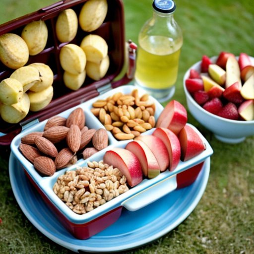 Пикник с полезными закусками для плавания: цельнозерновые обертки, фрукты, орехи и вода на фоне бассейна.