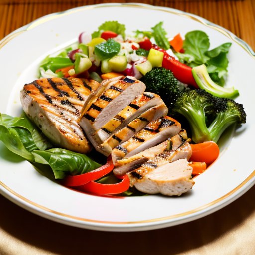 Здоровый ужин: куриная грудка, овощи на пару, салат и травяной чай на столе.