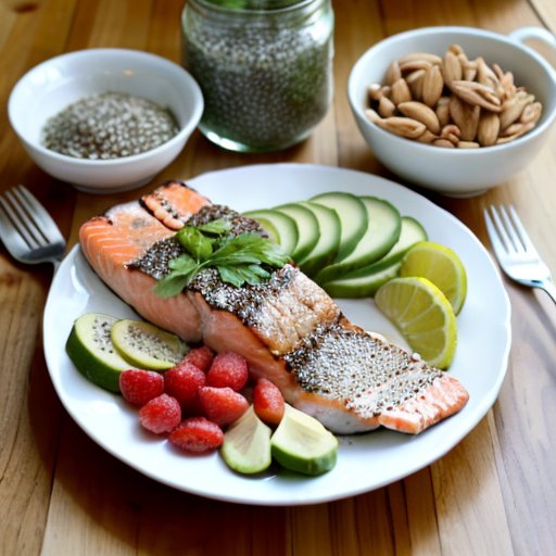 Завтрак с полезными жирами: авокадо, орехи, семена чиа и лосось в яркой кухне.