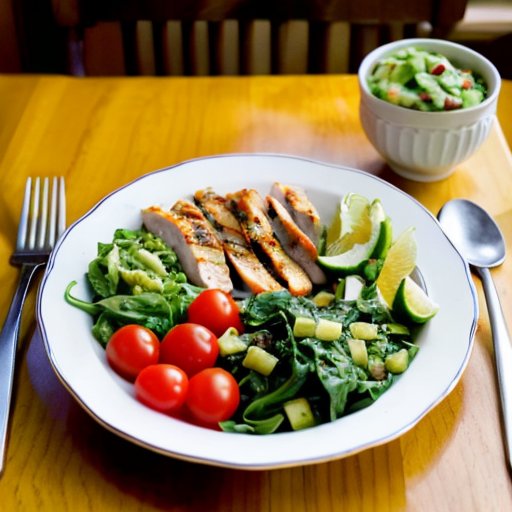 Сбалансированное обеденное блюдо с курицей, киноа, свежими овощами и гуакамоле, акцент на здоровое питание.