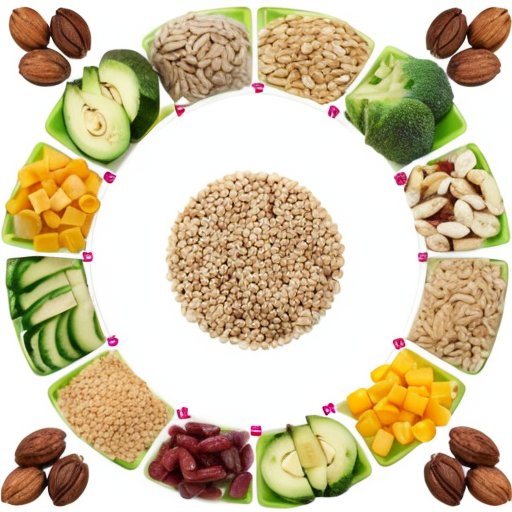 Здоровый обед: сбалансированная тарелка с овощами, белками, цельными злаками и полезными жирами, на фоне рулетки и весов.