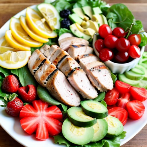Здоровый обед: куриная грудка, салат, киноа и ягоды на деревянном столе.