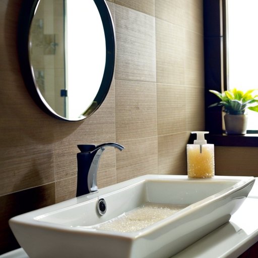 Спокойная ванная комната с очищающими средствами, мягким полотенцем и растением, создающая атмосферу уединения и ухода за собой.