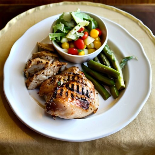 Красивая тарелка с полезной пищей: нежирное мясо, овощи и здоровые жиры.