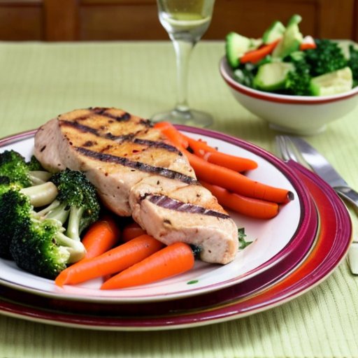 Ужин на тарелке: куриная грудка, овощи, киноа, оливковое масло, орехи и авокадо.