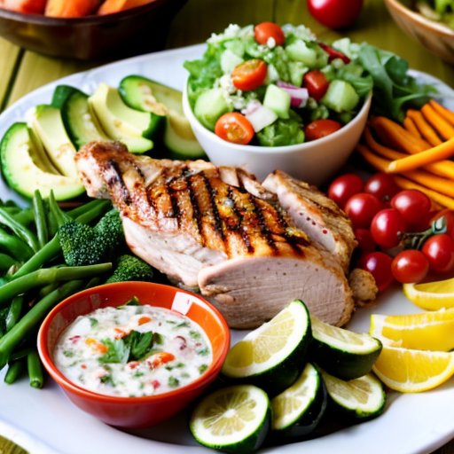 Уютный обеденный стол с разнообразными здоровыми блюдами: салат, запечённые овощи, суп и нежирное мясо.