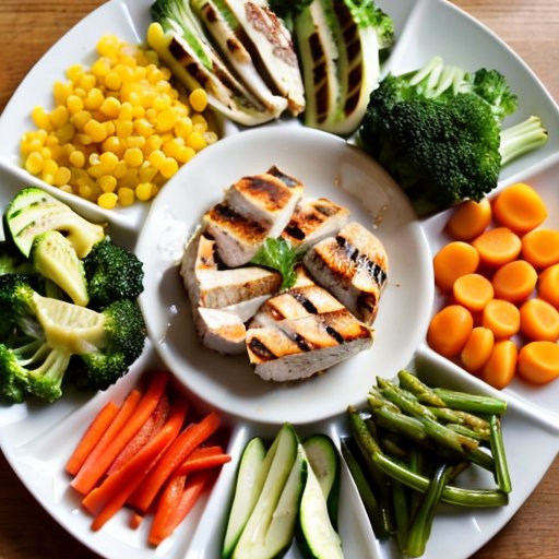 Ужин для похудения: куриная грудка, овощи, киноа, оливковое масло на деревянном столе.