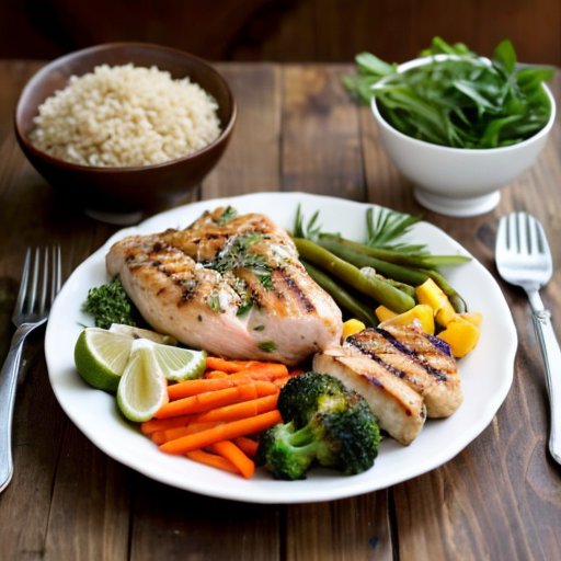 Уютная сервировка тарелки с сбалансированным ужином: курица или рыба, овощи, киноа, оливковое масло и орехи.