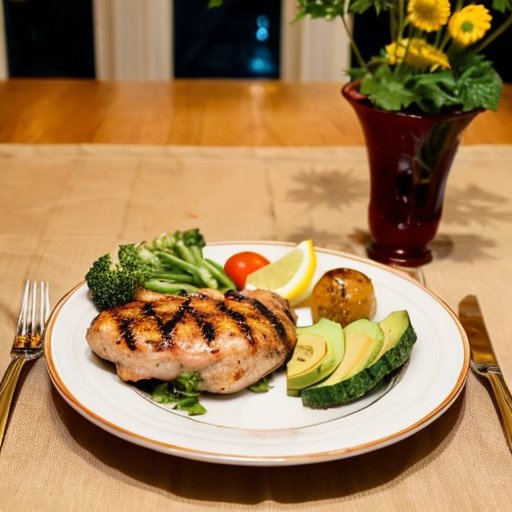 Стол с красиво оформленным ужином: тарелка с курицей, овощами, киноа и авокадо, окруженная зеленью и стаканом воды с лимоном.