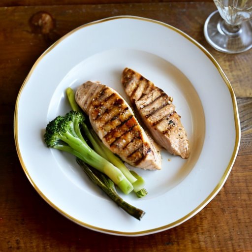 Красивая тарелка с сбалансированным ужином: куриная грудка, цветные овощи, киноа, оливковое масло, свежие травы и вода с лимоном.