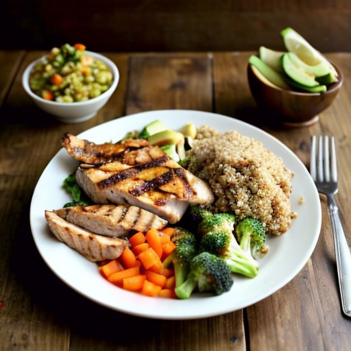 Ужин на тарелке: курица или рыба, киноа, овощи и авокадо на деревянном столе.
