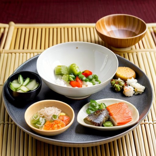 Традиционный японский обед с рисом, овощами, рыбой и зелёным чаем на элегантной посуде, с фоном из цветущих вишен и бамбукового коврика.