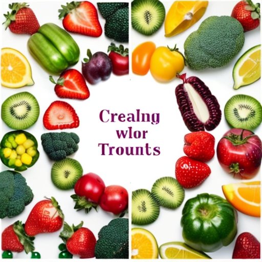 Весы с заметным изменением веса, окруженные фруктами, овощами и спортивным инвентарем, символизирующие здоровье и личностный рост.