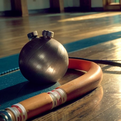 Яркая скакалка на деревянном полу спортзала с секундомером, бутылкой воды и блокнотом с фитнес-планом в мягком естественном свете.