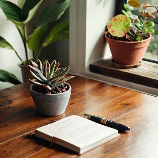 Спокойное рабочее пространство с журналом, ручкой, мотивирующими цитатами, здоровой едой и растением, символизирующим рост.