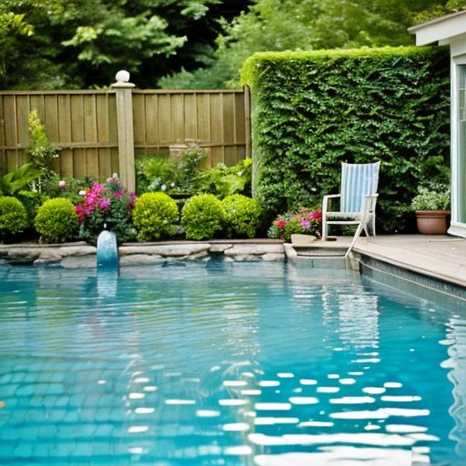 Спокойный бассейн в окружении зелени с ясным небом и знаком 