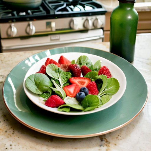 Здоровая еда в сбалансированной тарелке на фоне кухни.