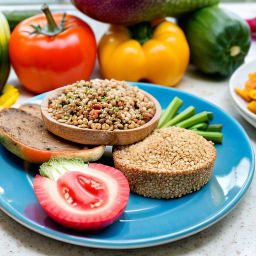 Яркая тарелка с полезной пищей и фитнес-аксессуарами, символизирующая здоровый образ жизни.