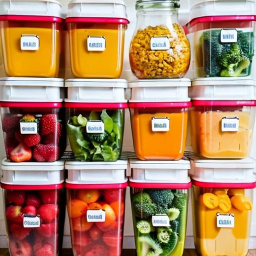 Яркая и организованная кухня с фруктами, овощами, контейнерами для еды, дневником питания, бутылкой воды и кроссовками, символизирующими здоровый образ жизни.