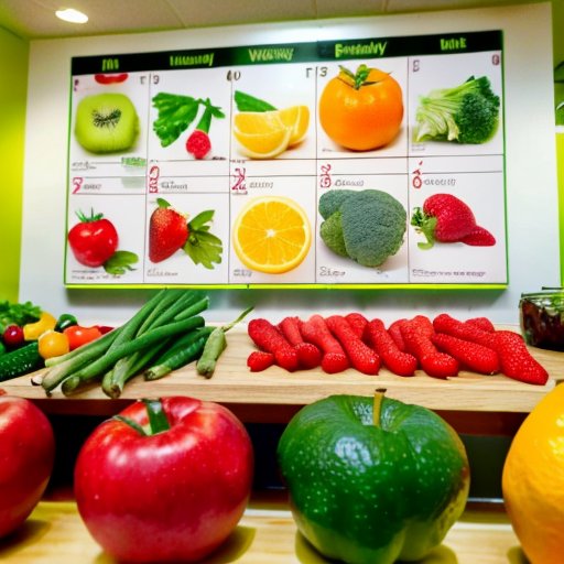 Яркая кухня с фруктами и овощами, сбалансированным блюдом, весами и календарем с тренировками. Мотивационная цитата о здоровье на стене.