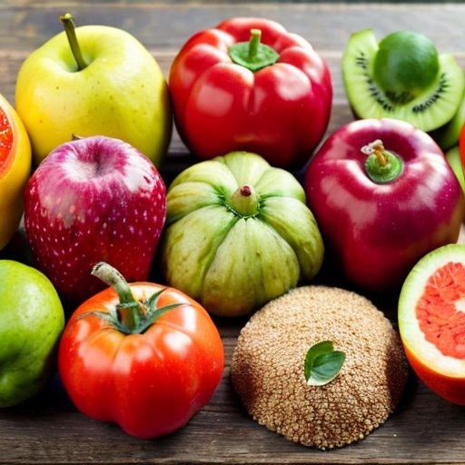 Яркий, здоровый прием пищи на деревянном столе с фруктами, овощами, цельными злаками и нежирным белком, рядом бутылка воды и фитнес-трекер.