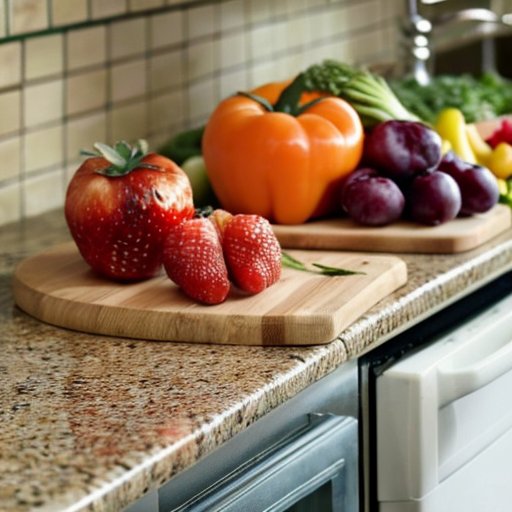 Организованная кухня с фруктами, овощами, контейнерами для еды и заметками о здоровом питании.