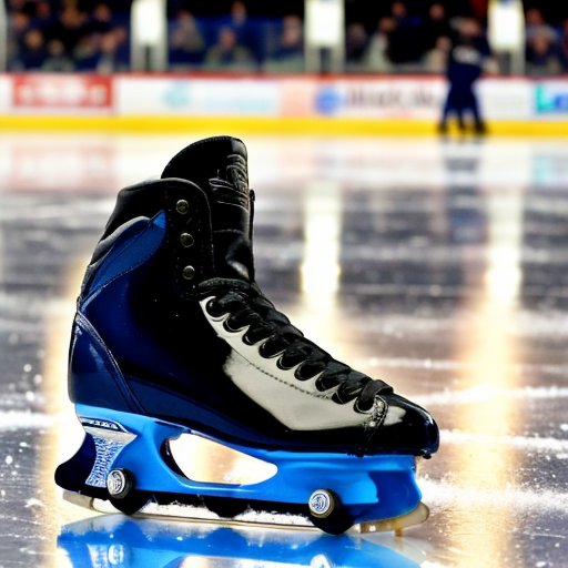 Каток для фигурного катания с блестящим льдом, коньки на краю и силуэт трофея на фоне.