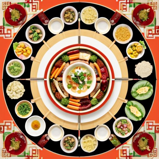 Традиционный китайский обед с яркими овощами, рисом и травяным чаем на украшенном столе, символизирующий гармонию и здоровье.