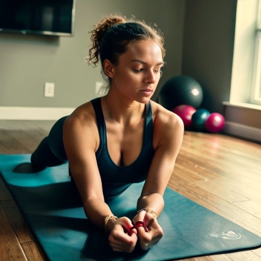 Уютное пространство для домашних тренировок с йога-матом, эспандерами, головоломкой, смартфоном и здоровыми перекусами.