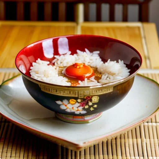 Традиционная китайская чаша с горячим рисом, овощами и специями на деревянном столе.