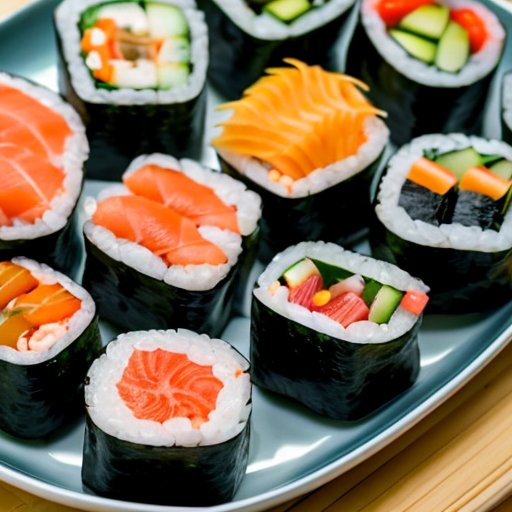 Красивая тарелка с яркими суши, свежие ингредиенты, разнообразие роллов с указанием калорийности и шкала для контроля порций.