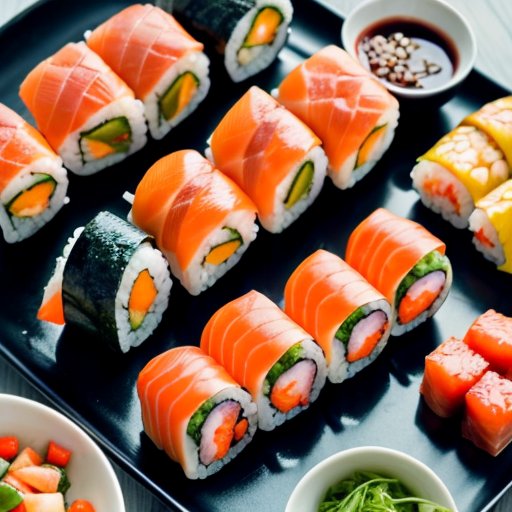 Платтер с аккуратно уложенными суши, яркие ингредиенты, низкокалорийный соус, минималистичная кухня.