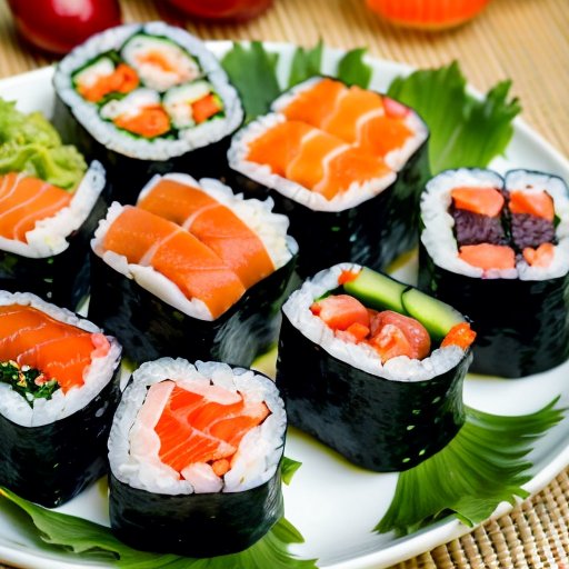 Плато с красиво оформленными суши-роллами, разнообразные виды, рядом таблица с калориями.