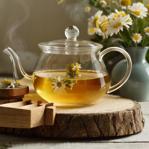 Чашка ромашкового чая с цветами, медом и сантиметровой лентой на деревянном столе.