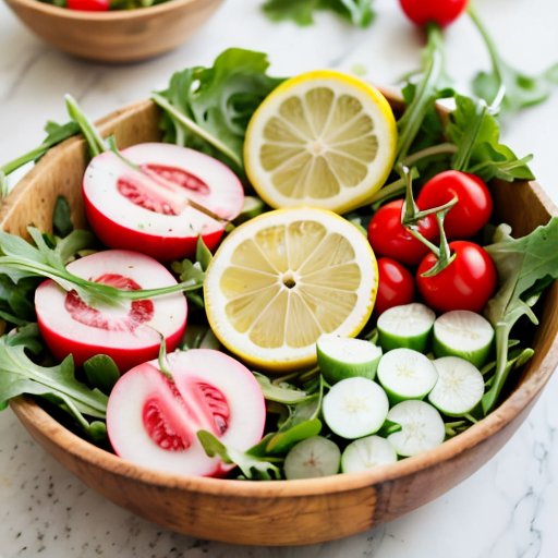 Свежий салат из руколы в деревянной миске с яркими овощами на фоне уютной кухни.