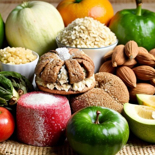 Яркий стол с разнообразными здоровыми продуктами и небольшой горкой сахара и выпечки.