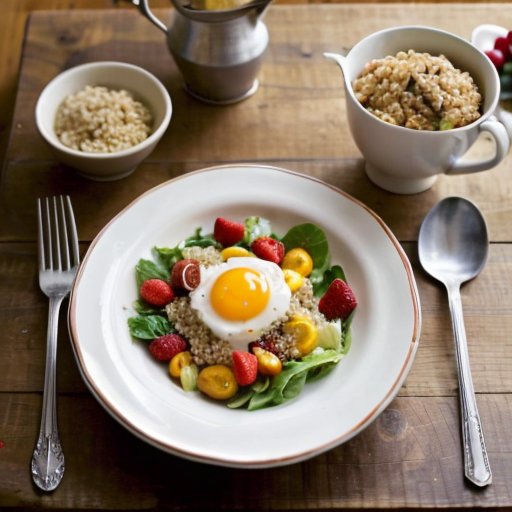 1200-калорийный план питания на деревянном столе: завтрак с овсянкой и ягодами, салат с белком на обед, ужин с овощами и киноа, окружённый мерными чаш
