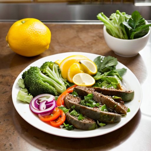 Здоровая тарелка с яркими овощами, белками и цельными злаками, стакан воды, гантель и йога-мат в яркой обстановке.