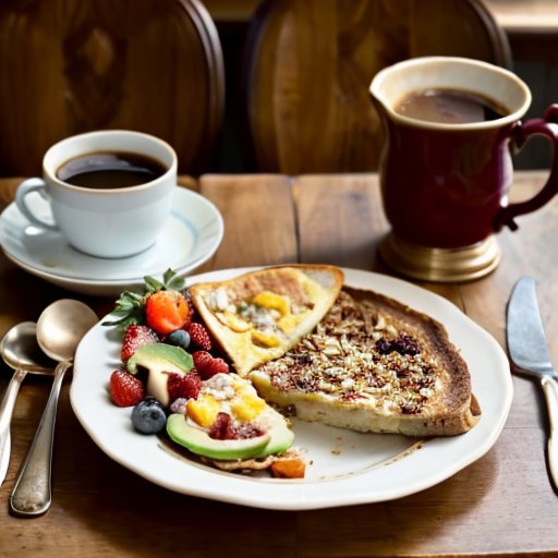 Красиво оформленный завтрак: омлет с овощами, хрустящий бекон, овсянка с ягодами, тост с авокадо и чашка кофе.