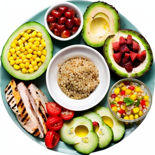 Здоровый обед: куриная грудка, салат с киноа, брокколи, авокадо и ягоды.