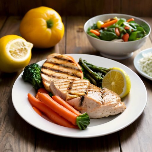 Ужин с куриным филе, овощами и коричневым рисом на деревянном столе.