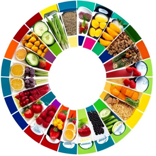 Сбалансированная тарелка с фруктами, овощами, белками и злаками, рядом бутылка воды, весы и блокнот с подсчетом калорий.