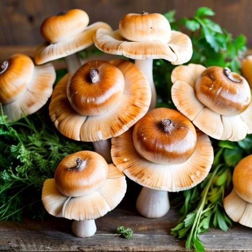 Свежие шампиньоны на деревянном столе с зеленью.